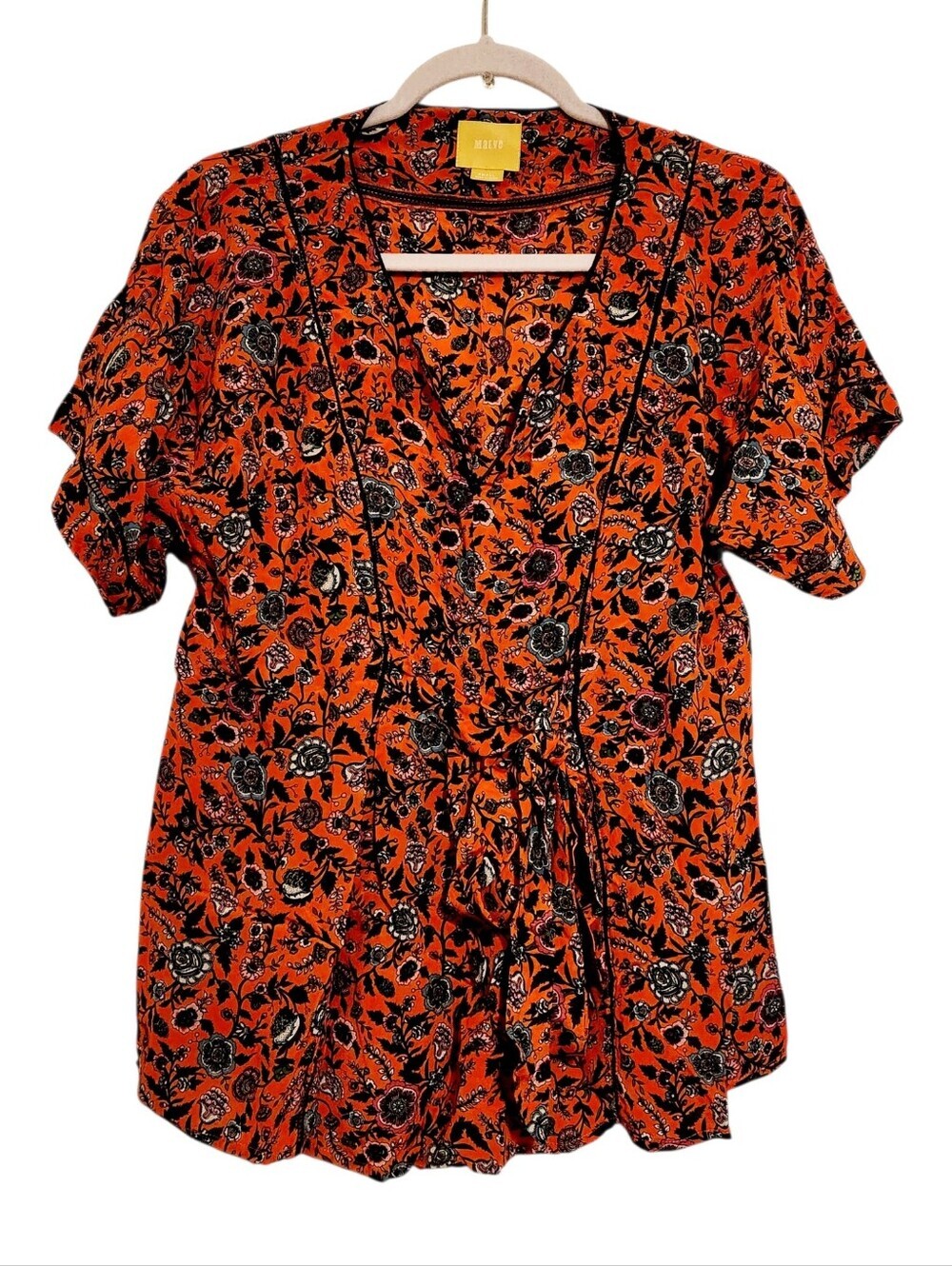 Anthropologie Maeve | Women's Silk Floral Tie Waist Kimono Blouse (Size Small)